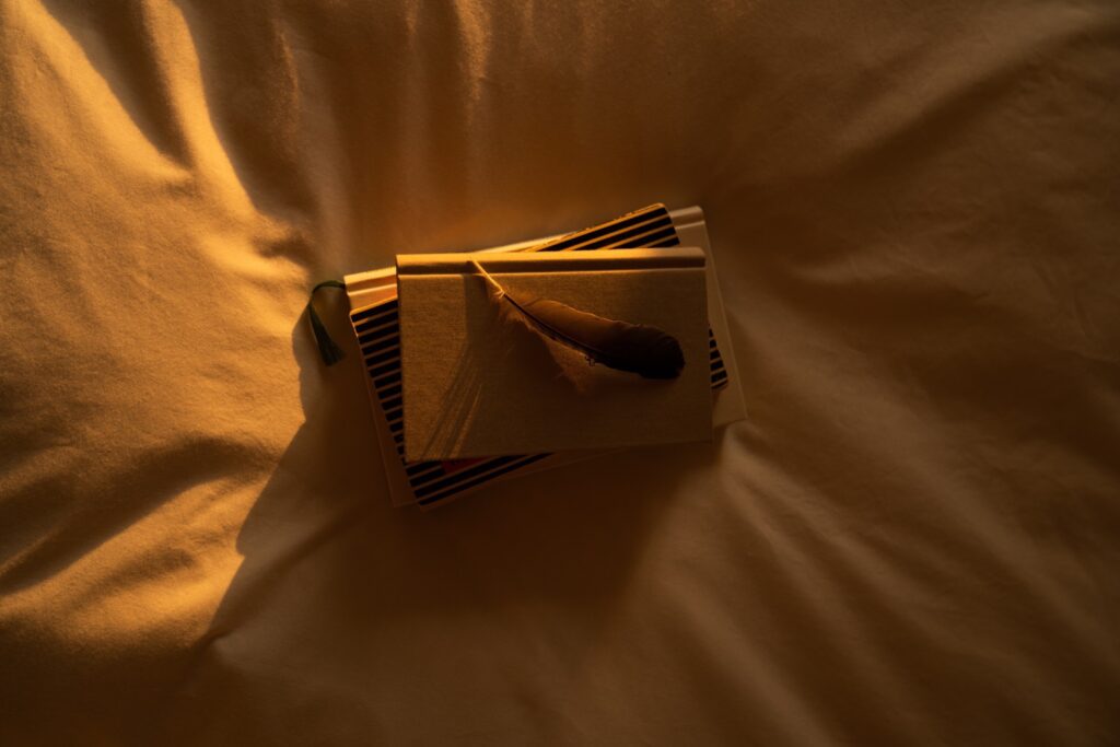 Bücher und eine Feder auf weißem Tuch im Abendlicht