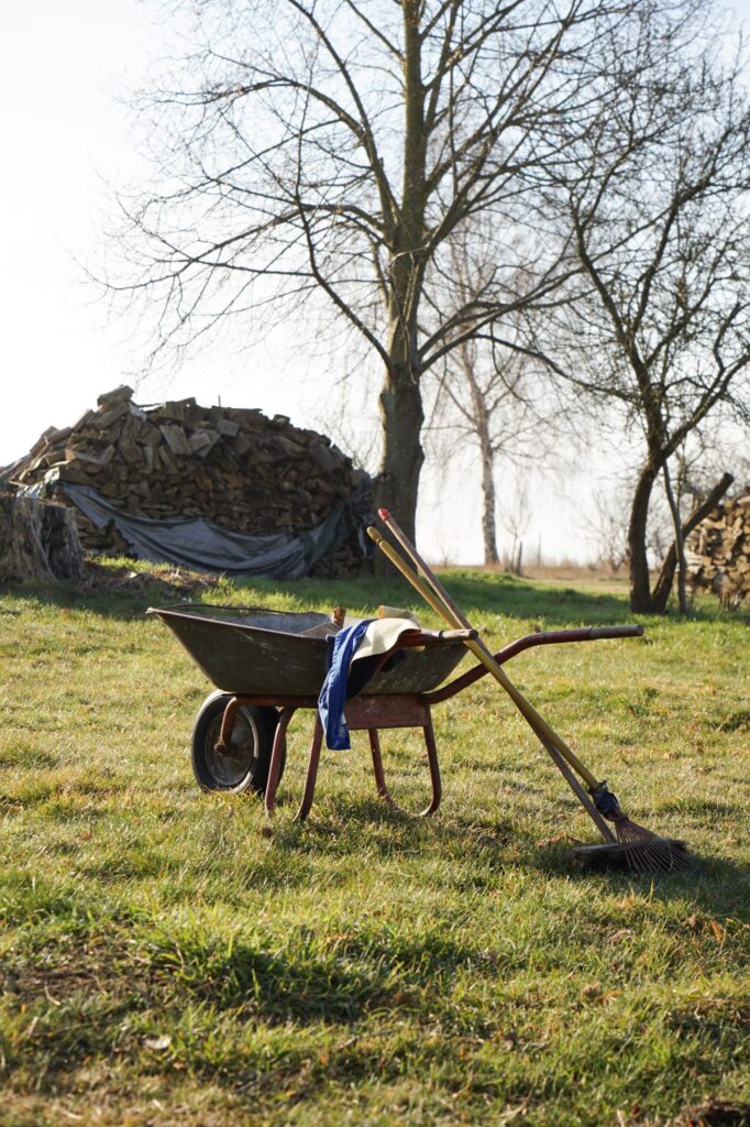 Garten mit Schubkarre und Gartengeräten